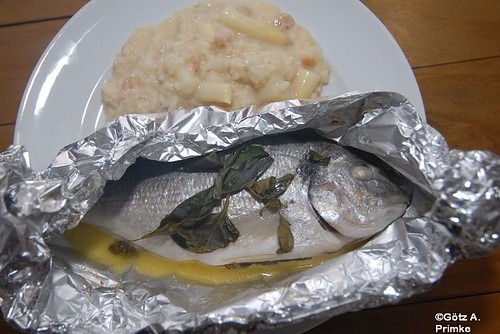 Dorade in Alufolie mit Spargel-Risotto mit Prosecco 1